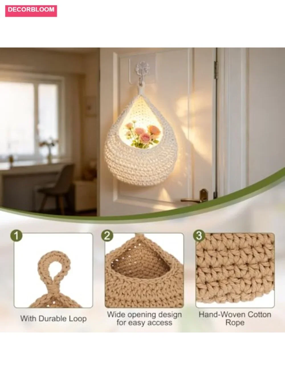 Hand-Woven Cotton Rope Hanging Fruit Basket Set with Adhesive Hooks